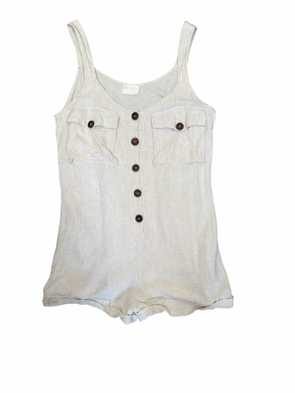 Allie Rose Linen Cotton Romper Medium Beige Button Front Utility Romper Boho